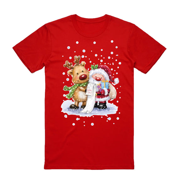 100% Cotton Christmas T-shirt Adult Unisex Tee Tops Funny Santa Party Custume, Reading Santa (Red), XL