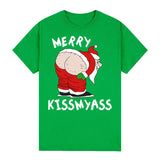 100% Cotton Christmas T-shirt Adult Unisex Tee Tops Funny Santa Party Custume, Merry Kissmyass (Green), S