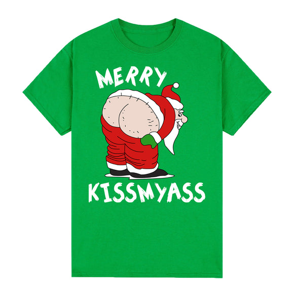 100% Cotton Christmas T-shirt Adult Unisex Tee Tops Funny Santa Party Custume, Merry Kissmyass (Green), XL