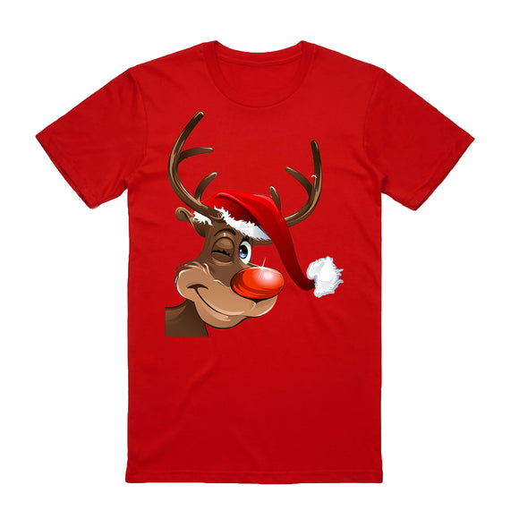 100% Cotton Christmas T-shirt Adult Unisex Tee Tops Funny Santa Party Custume, Reindeer Wink (Red), 2XL