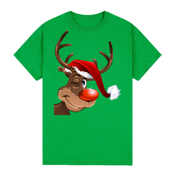 100% Cotton Christmas T-shirt Adult Unisex Tee Tops Funny Santa Party Custume, Reindeer Wink (Green), L