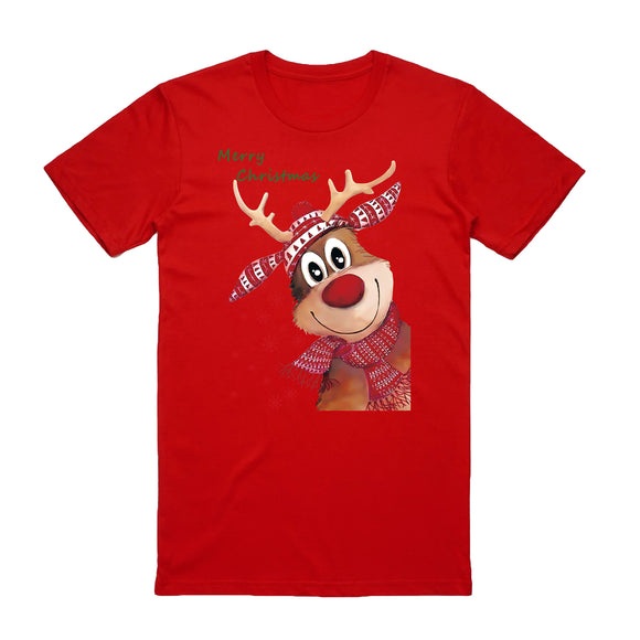 100% Cotton Christmas T-shirt Adult Unisex Tee Tops Funny Santa Party Custume, Reindeer (Red), S