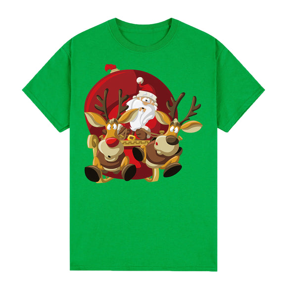 100% Cotton Christmas T-shirt Adult Unisex Tee Tops Funny Santa Party Custume, Santas Sleigh (Green), M