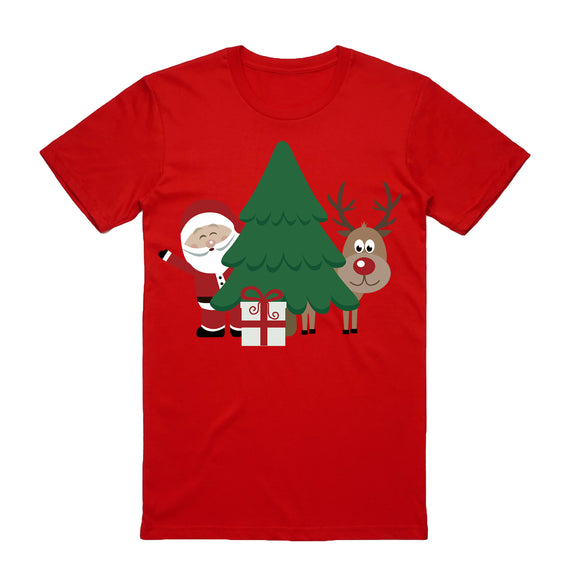 100% Cotton Christmas T-shirt Adult Unisex Tee Tops Funny Santa Party Custume, Santa with Tree (Red), S
