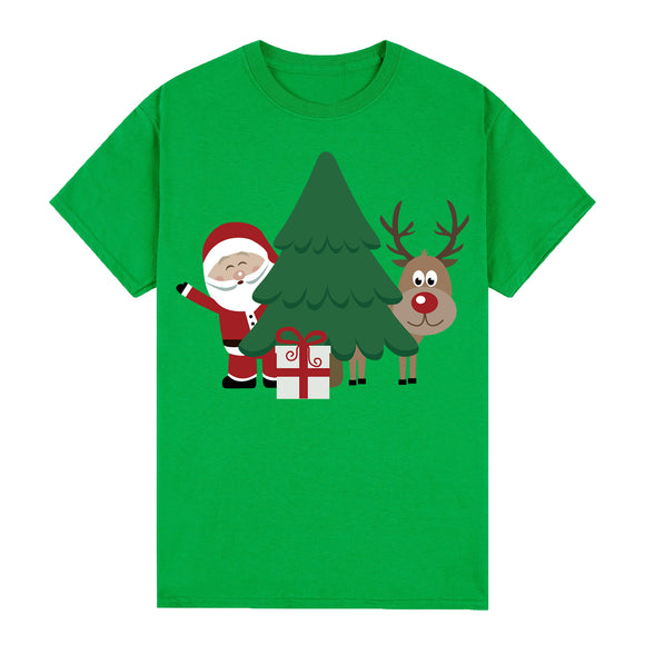 100% Cotton Christmas T-shirt Adult Unisex Tee Tops Funny Santa Party Custume, Santa with Tree (Green), M