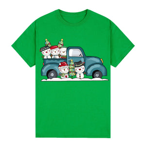 100% Cotton Christmas T-shirt Adult Unisex Tee Tops Funny Santa Party Custume, Car with Snowman (Green), L