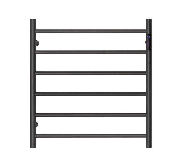 Premium Matte Black Heated Towel Rack with LED control- 6 Bars, Round Design, AU Standard, 650x620mm Wide