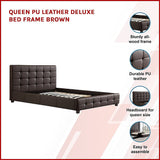 Queen PU Leather Deluxe Bed Frame Brown